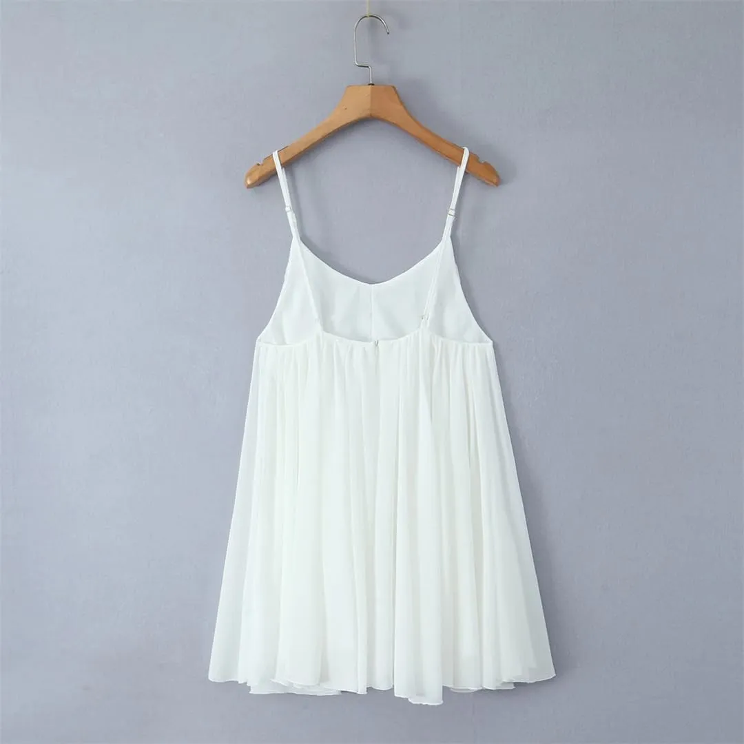 Women White Big Backless Spaghetti Strap Dress Back Zipper Loose Swing Mini Dresses Holiday Robe