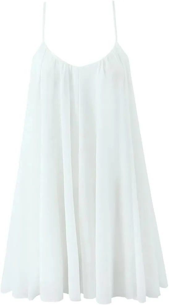 Women White Big Backless Spaghetti Strap Dress Back Zipper Loose Swing Mini Dresses Holiday Robe