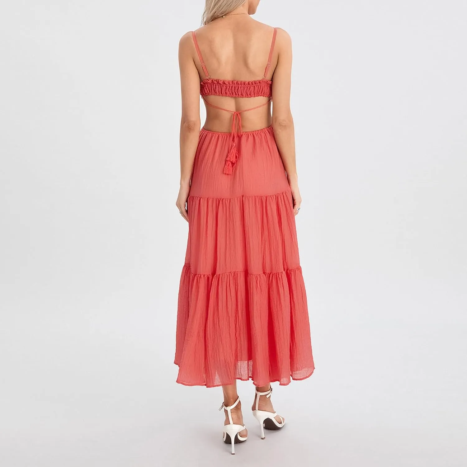 Women Y2k Bodycon Long Dress Spaghetti Strap Low Cut Boho Tiered Backless Flowy Maxi Dress Summer Sexy Clubwear
