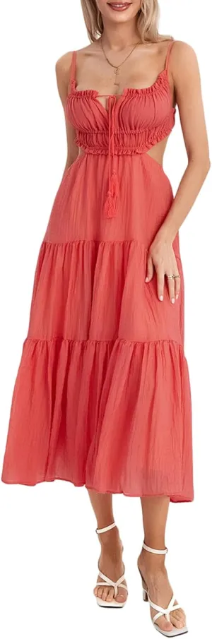 Women Y2k Bodycon Long Dress Spaghetti Strap Low Cut Boho Tiered Backless Flowy Maxi Dress Summer Sexy Clubwear