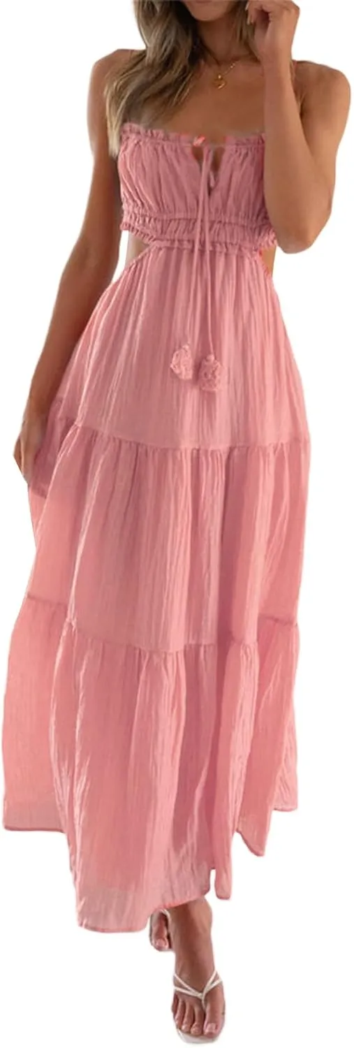 Women Y2k Bodycon Long Dress Spaghetti Strap Low Cut Boho Tiered Backless Flowy Maxi Dress Summer Sexy Clubwear