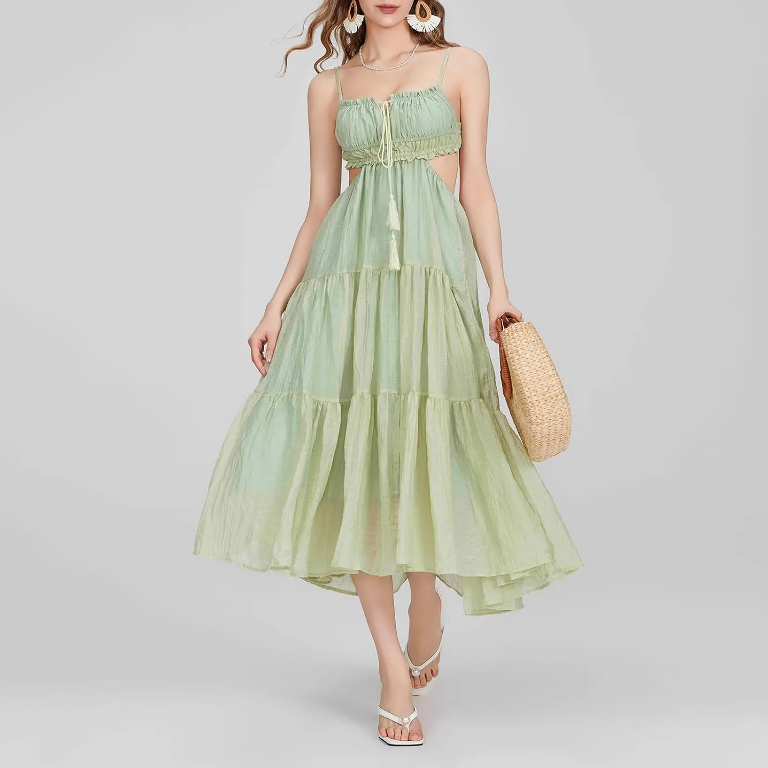 Women Y2k Bodycon Long Dress Spaghetti Strap Low Cut Boho Tiered Backless Flowy Maxi Dress Summer Sexy Clubwear