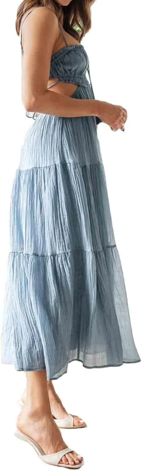 Women Y2k Bodycon Long Dress Spaghetti Strap Low Cut Boho Tiered Backless Flowy Maxi Dress Summer Sexy Clubwear