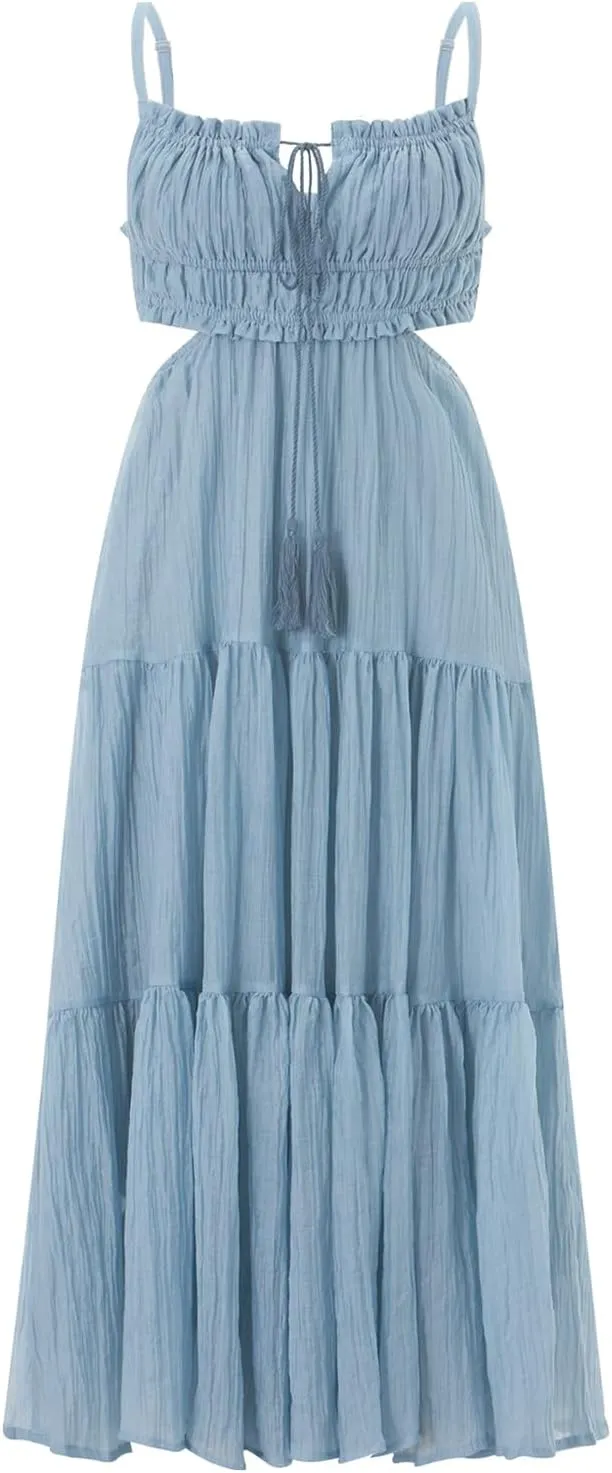 Women Y2k Bodycon Long Dress Spaghetti Strap Low Cut Boho Tiered Backless Flowy Maxi Dress Summer Sexy Clubwear