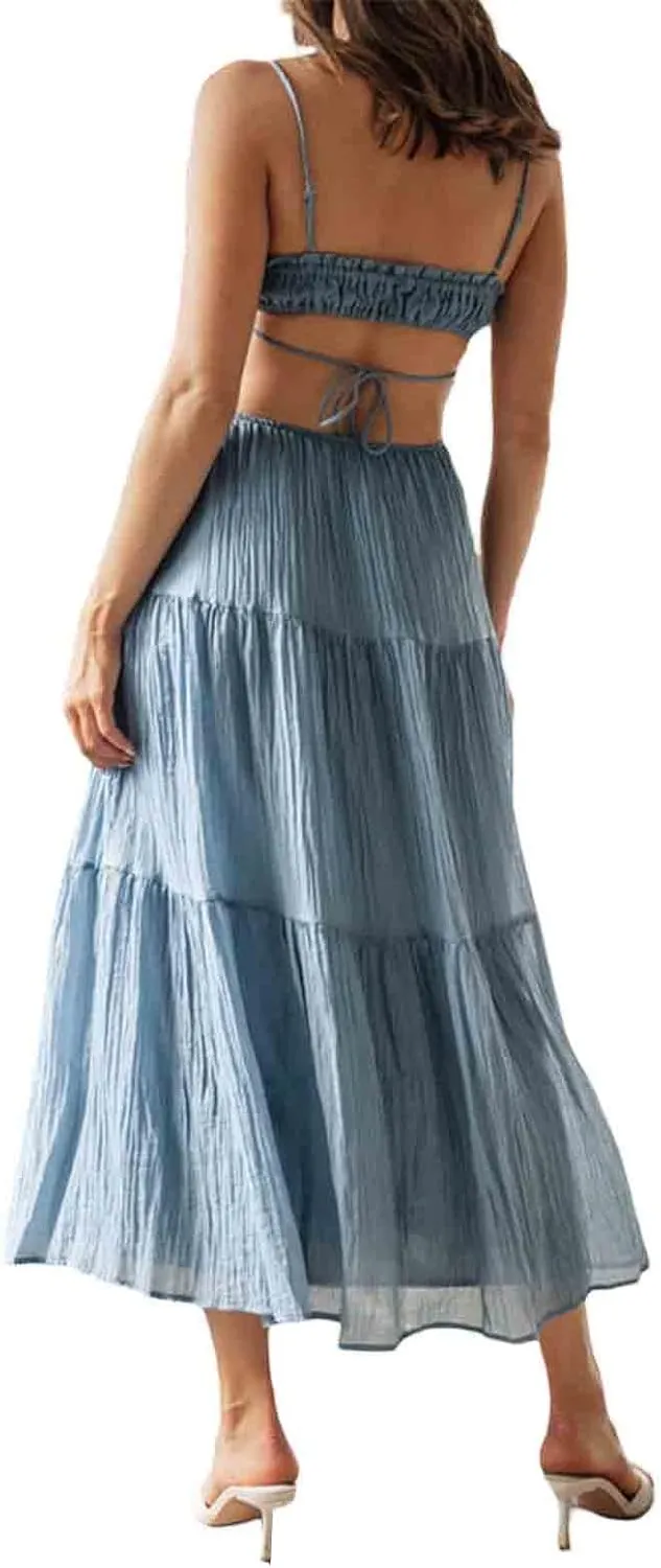 Women Y2k Bodycon Long Dress Spaghetti Strap Low Cut Boho Tiered Backless Flowy Maxi Dress Summer Sexy Clubwear