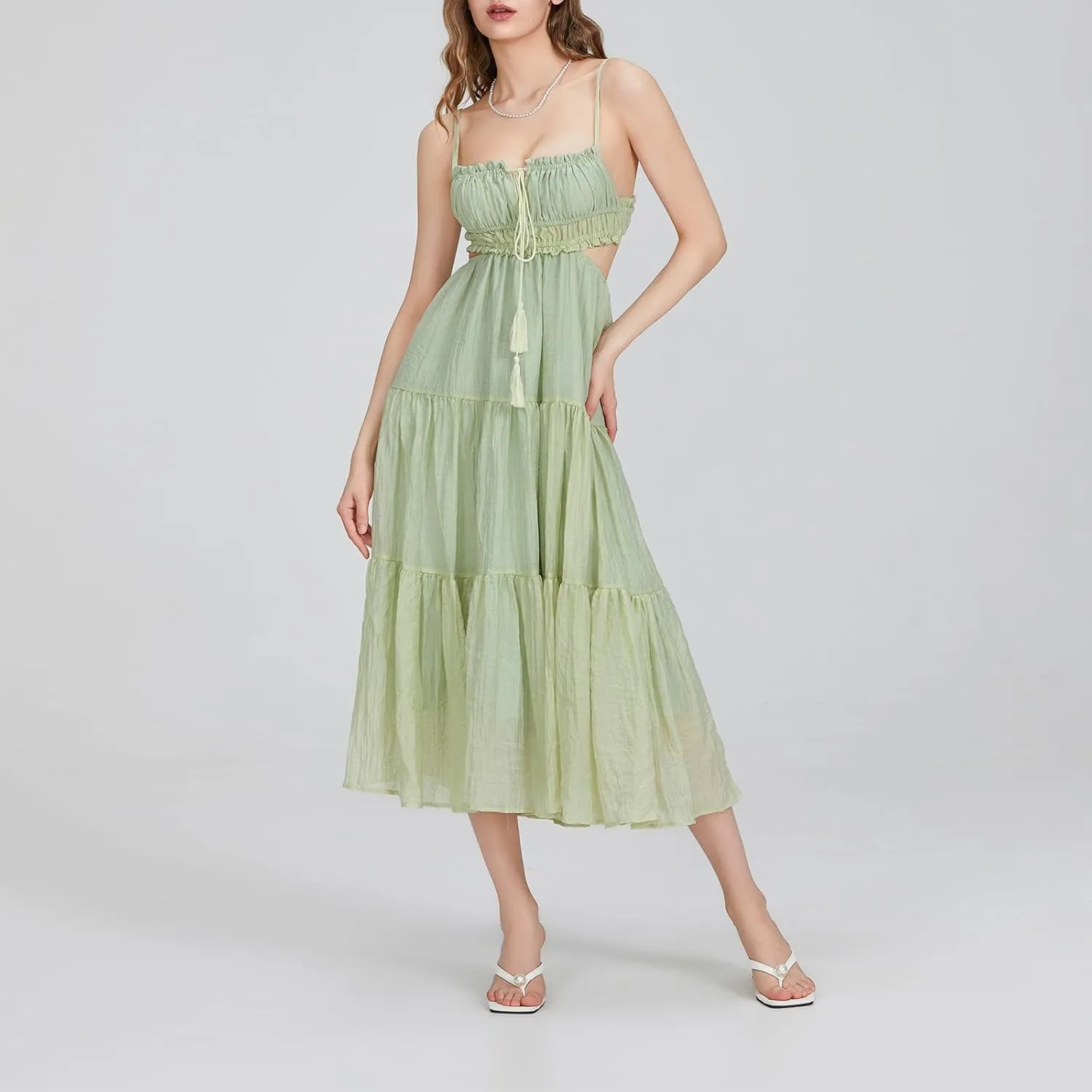 Women Y2k Bodycon Long Dress Spaghetti Strap Low Cut Boho Tiered Backless Flowy Maxi Dress Summer Sexy Clubwear