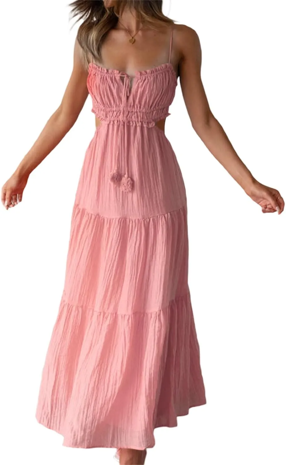 Women Y2k Bodycon Long Dress Spaghetti Strap Low Cut Boho Tiered Backless Flowy Maxi Dress Summer Sexy Clubwear