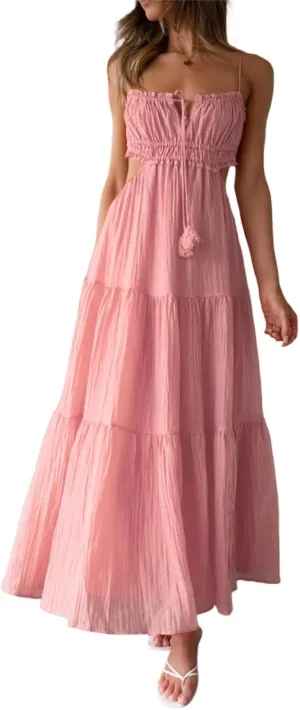Women Y2k Bodycon Long Dress Spaghetti Strap Low Cut Boho Tiered Backless Flowy Maxi Dress Summer Sexy Clubwear