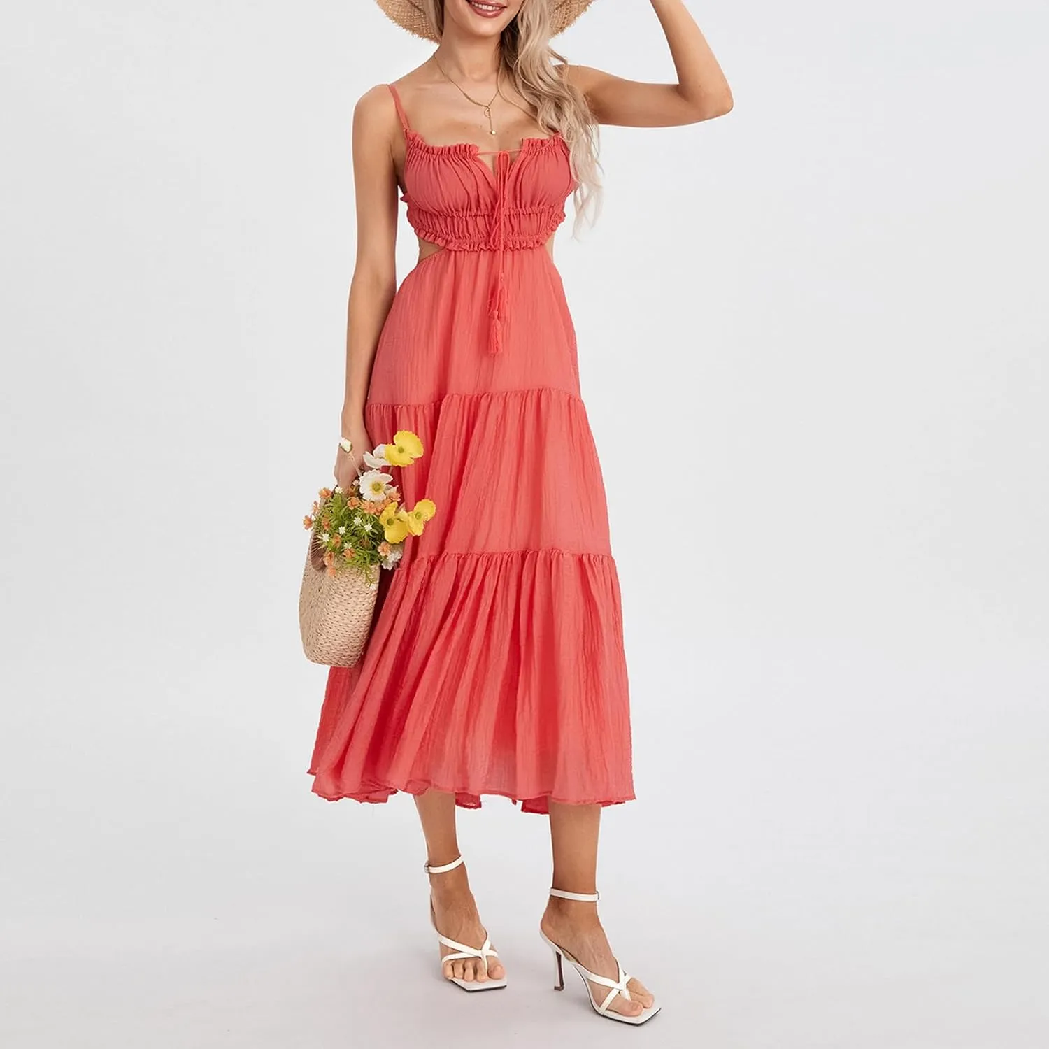 Women Y2k Bodycon Long Dress Spaghetti Strap Low Cut Boho Tiered Backless Flowy Maxi Dress Summer Sexy Clubwear