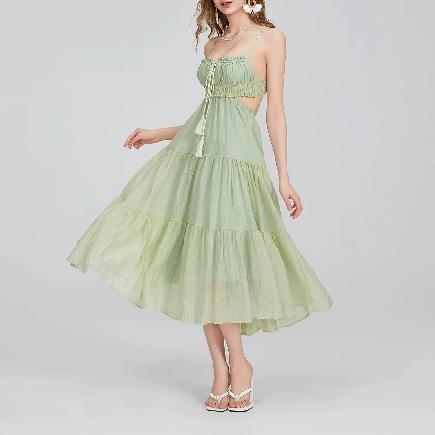 Women Y2k Bodycon Long Dress Spaghetti Strap Low Cut Boho Tiered Backless Flowy Maxi Dress Summer Sexy Clubwear