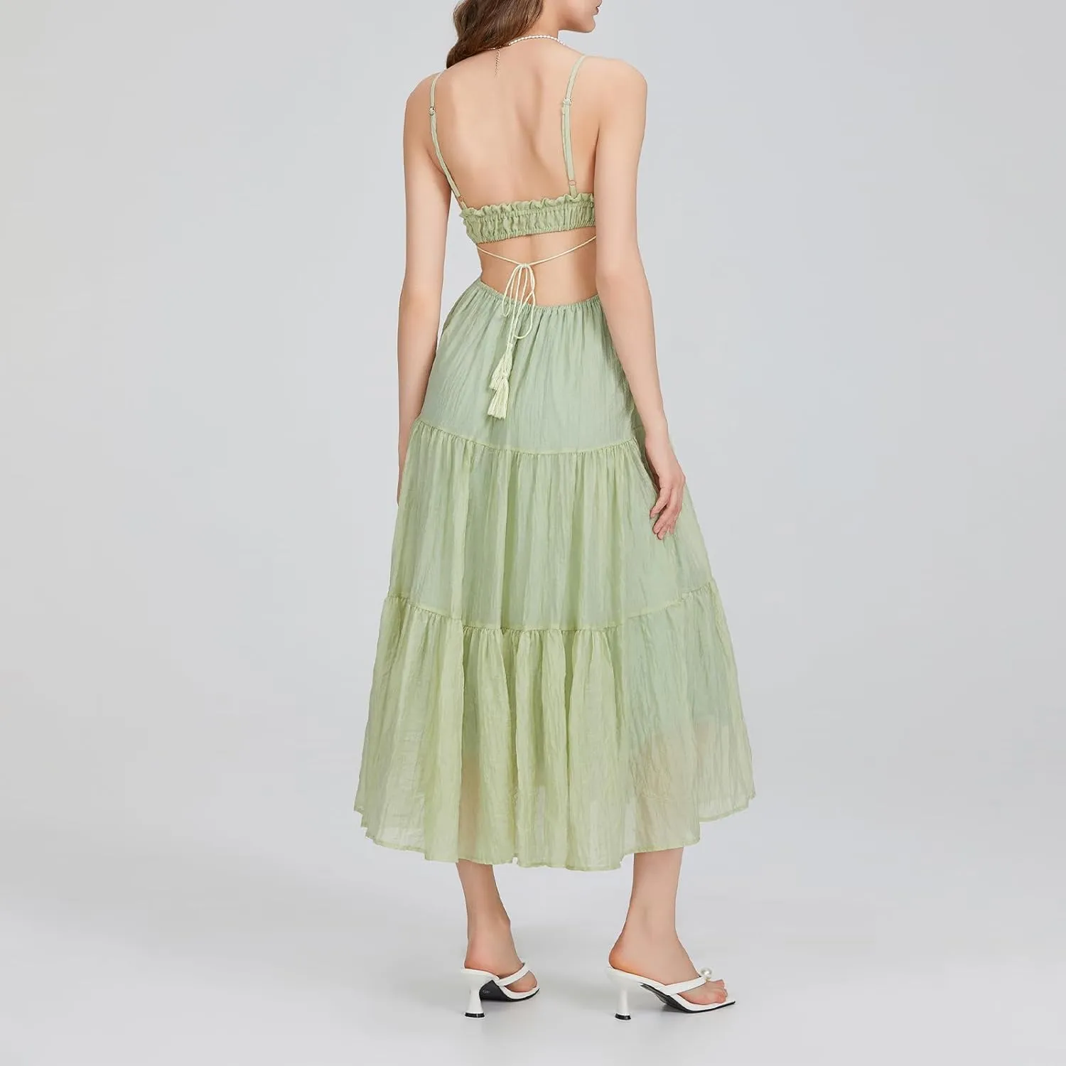 Women Y2k Bodycon Long Dress Spaghetti Strap Low Cut Boho Tiered Backless Flowy Maxi Dress Summer Sexy Clubwear