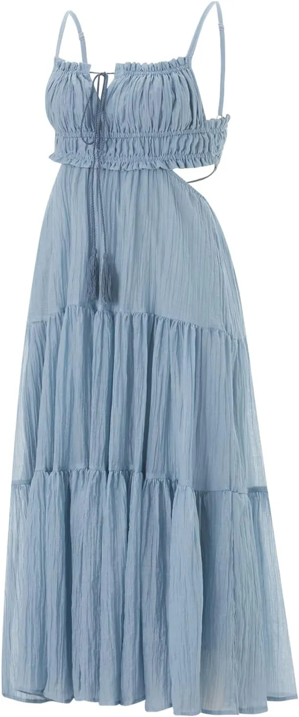 Women Y2k Bodycon Long Dress Spaghetti Strap Low Cut Boho Tiered Backless Flowy Maxi Dress Summer Sexy Clubwear