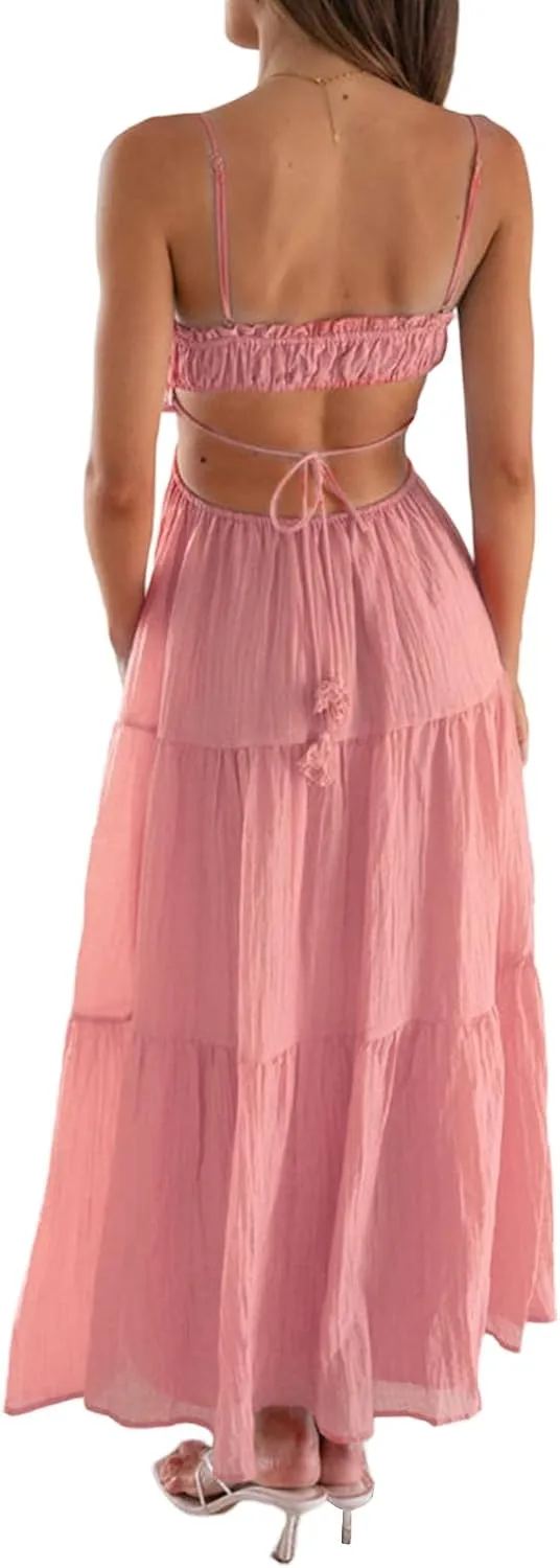 Women Y2k Bodycon Long Dress Spaghetti Strap Low Cut Boho Tiered Backless Flowy Maxi Dress Summer Sexy Clubwear