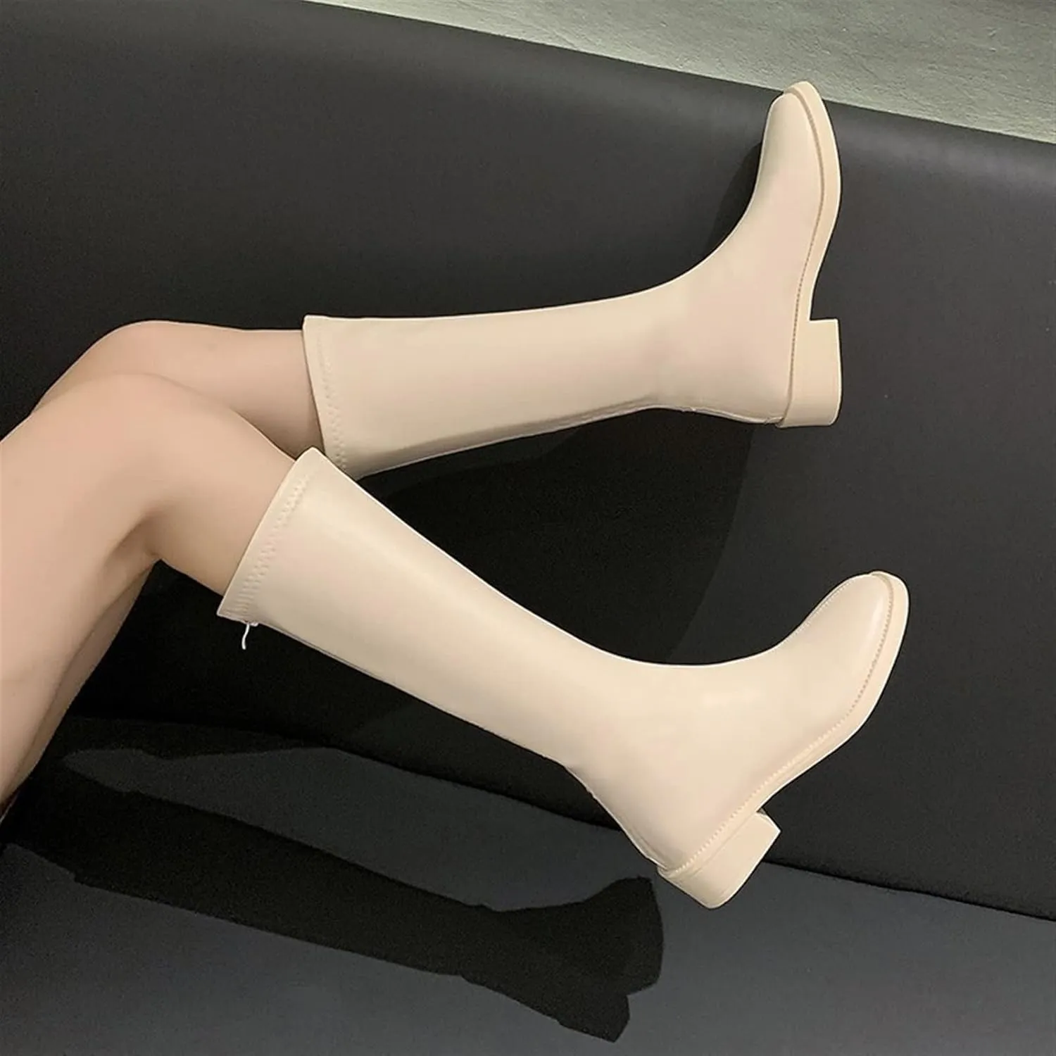 Womens Boots Riding Boots Women Shoes Mid Heel Knee-High Boots Square Toe Block Heels Zip Long Boots Autumn Winter