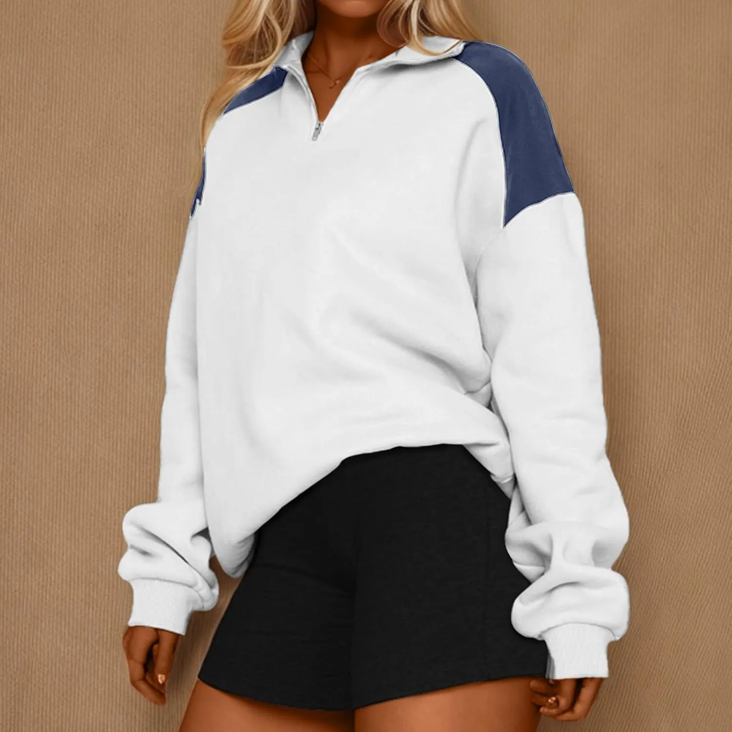 Women's Color Matching Sweatshirts Long Sleeve Hoodies Quarter Zip Fleece Pullover 2024 Fashion Casual Clothes