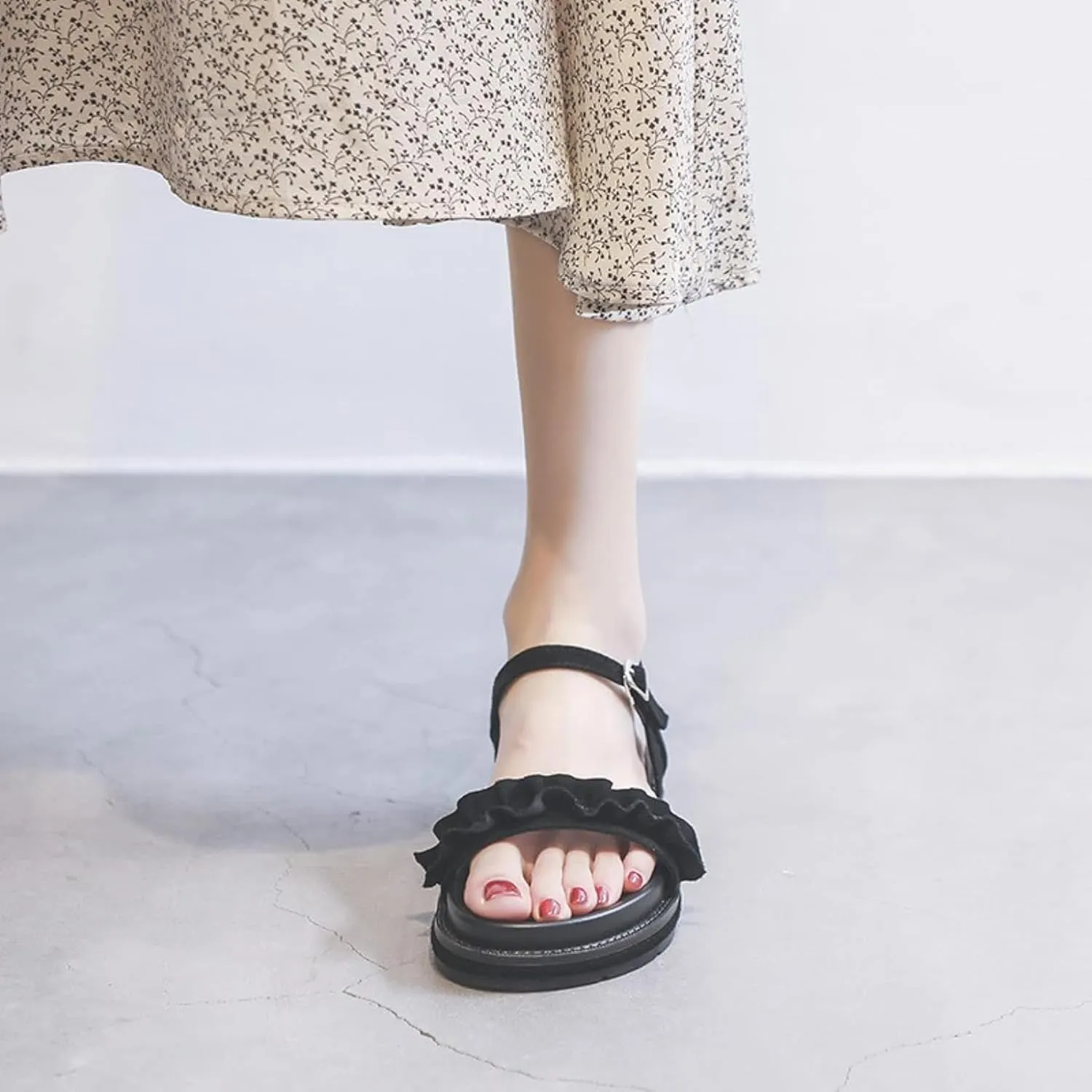 Women's Fashion Beach Sandals Round Head Pleated Lace Ankle Backless Platform Roman Camping Casual Sandals Summer