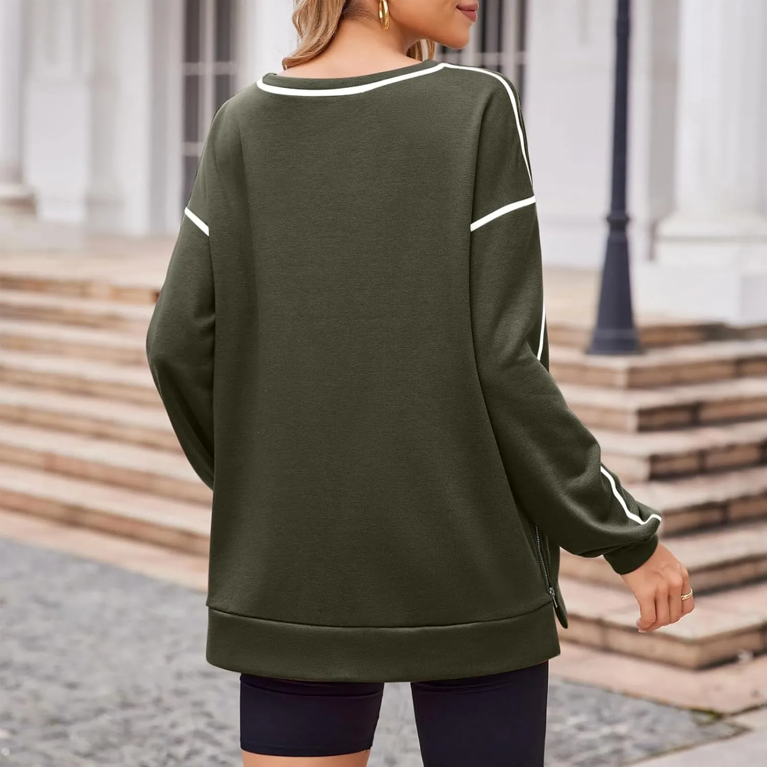 Womens Fashion Hoodless Sweatshirts Crew Neck Long Sleeve Hoodie Fleece Side Zipper Pullover Top 2024 Fall Clothes