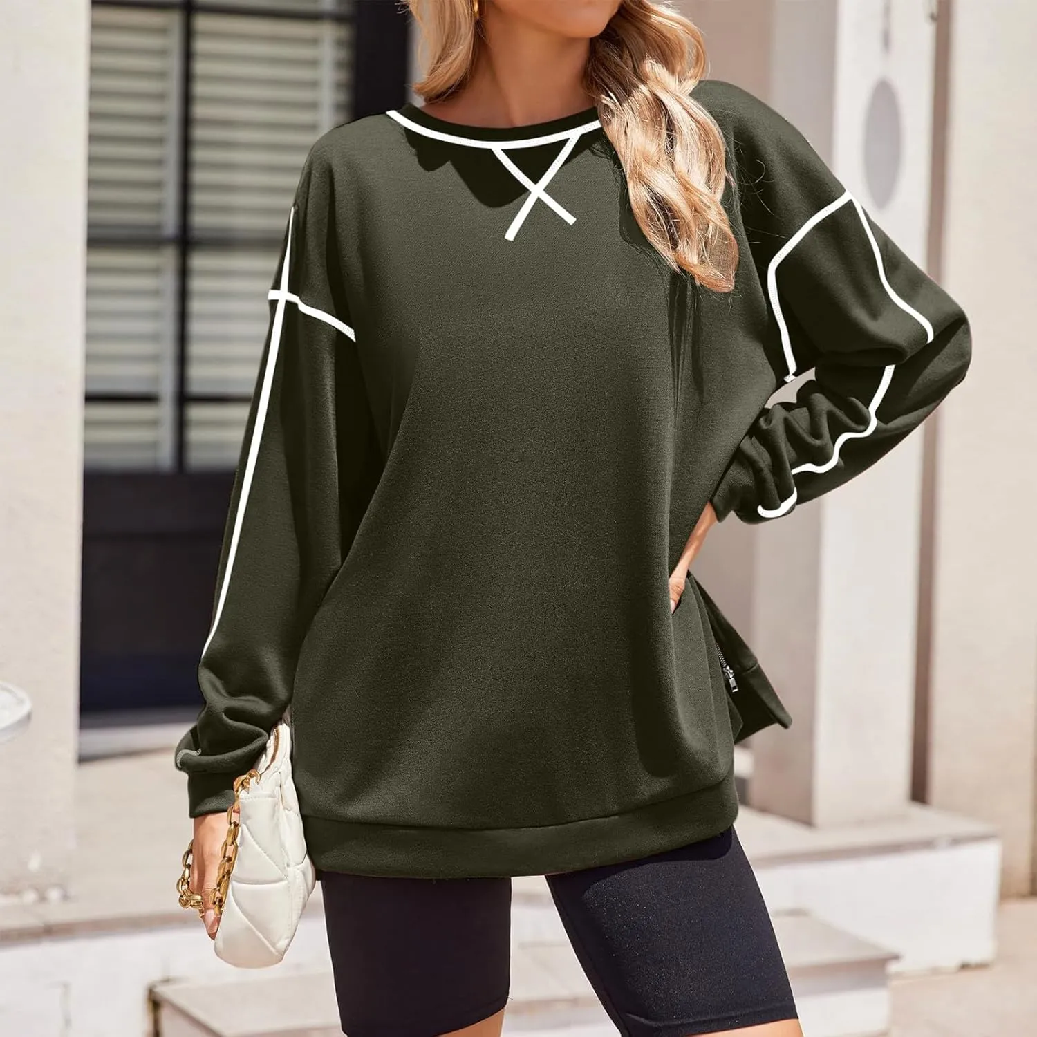 Womens Fashion Hoodless Sweatshirts Crew Neck Long Sleeve Hoodie Fleece Side Zipper Pullover Top 2024 Fall Clothes