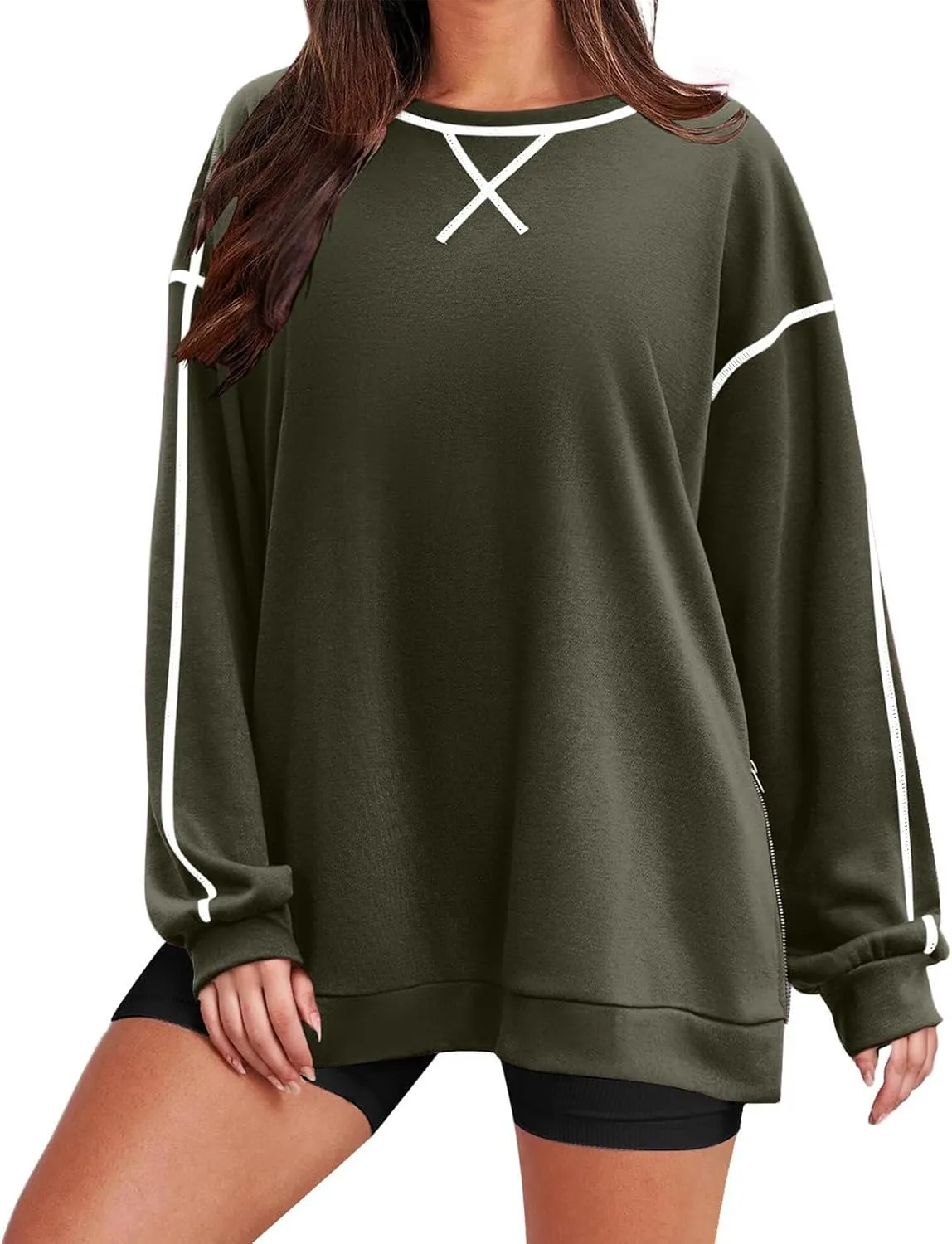 Womens Fashion Hoodless Sweatshirts Crew Neck Long Sleeve Hoodie Fleece Side Zipper Pullover Top 2024 Fall Clothes