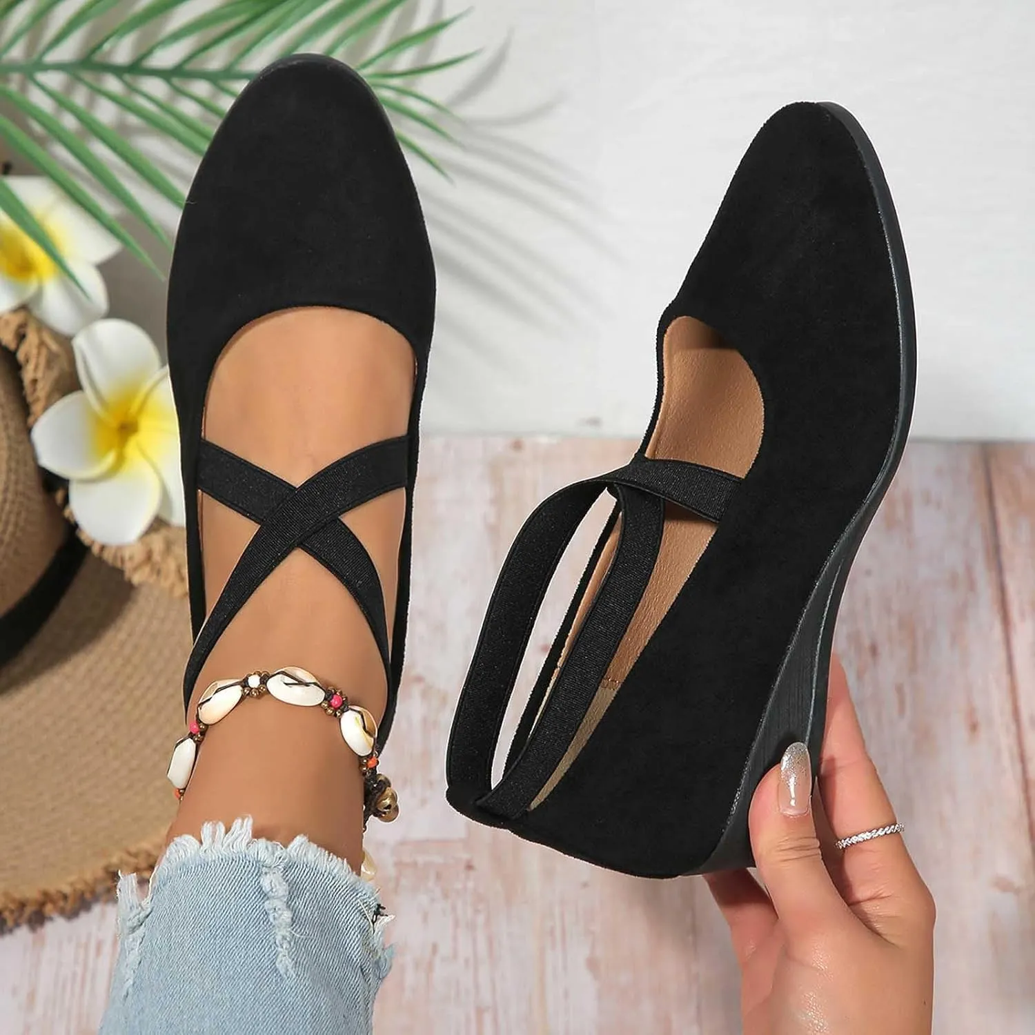 Women's Flats – Dressy & Casual Almond Toe Flat Shoes with Elastic Ankle Strap, Slip-On Ballet Flats for Special Occasions