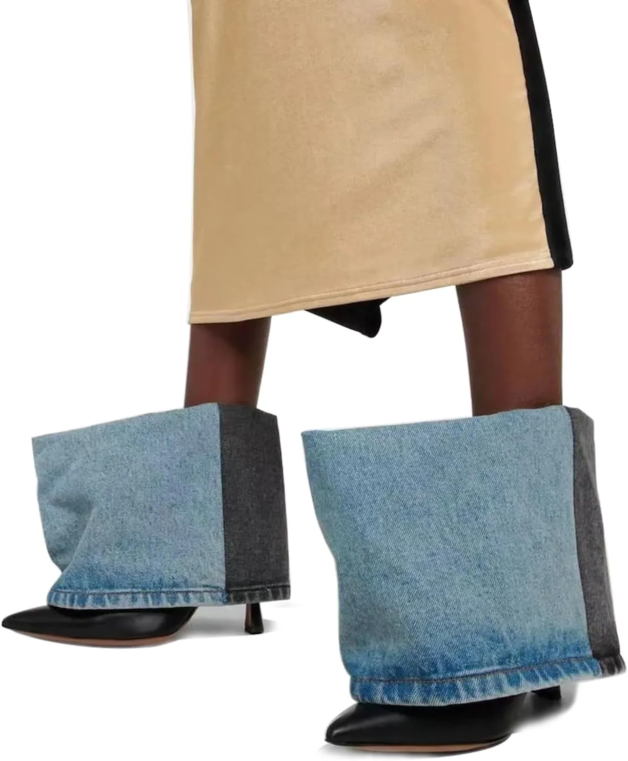Women's Fold Over Denim Boots Pointed Toe Wide Calf Ankle Boots Pull On Fashion Dress High Heels Booties