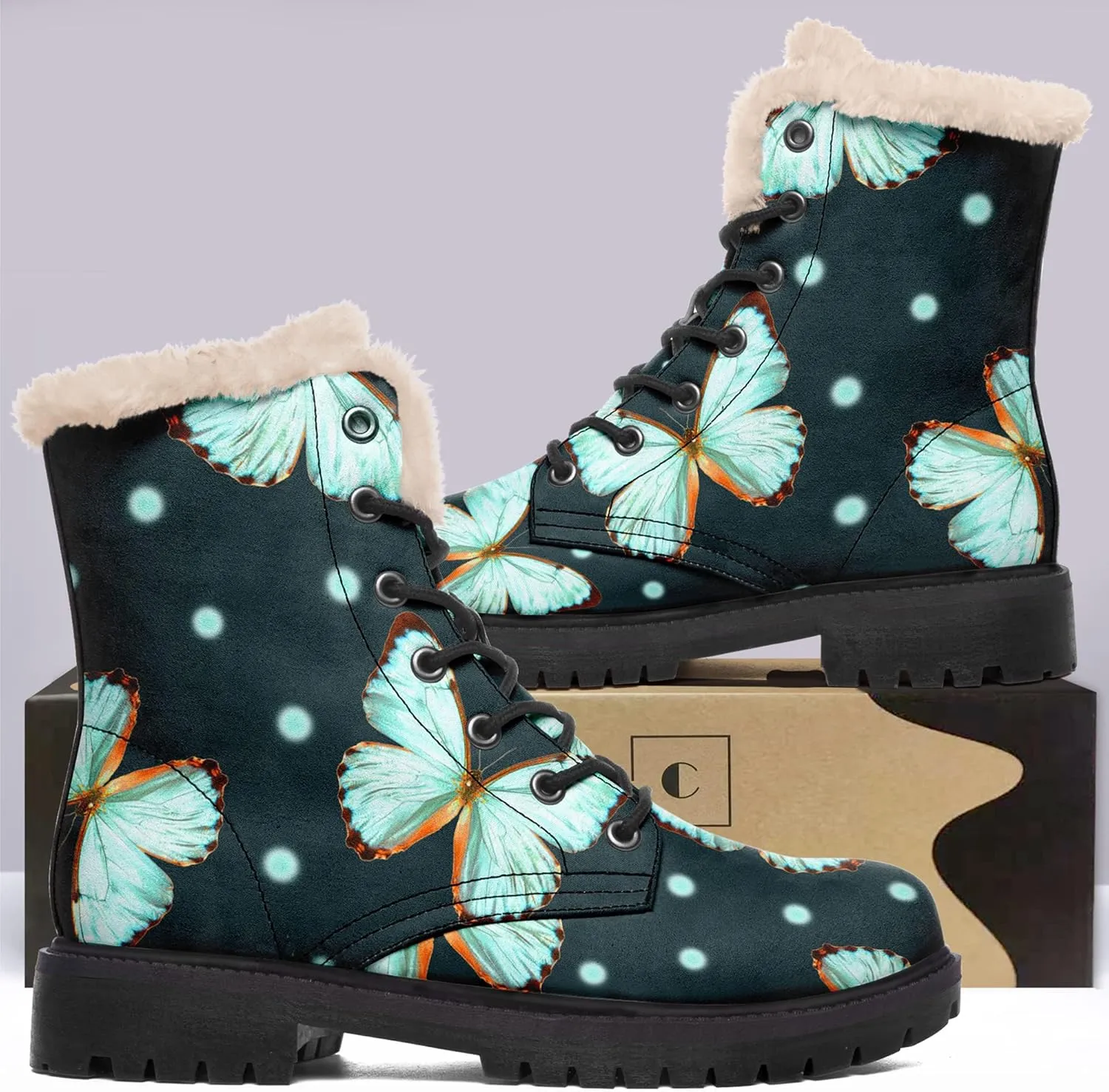 Women's Fur Snow Boots Floral Animal Print Warm Comfortable Winter Ankle Boots Waterproof Vegan Leather Boots