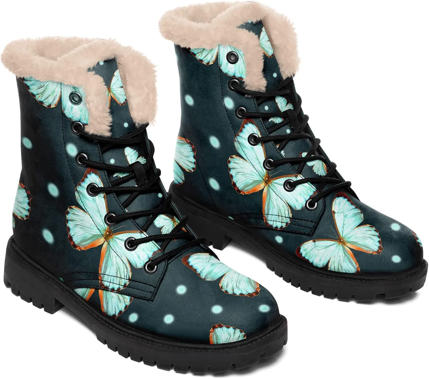 Women's Fur Snow Boots Floral Animal Print Warm Comfortable Winter Ankle Boots Waterproof Vegan Leather Boots