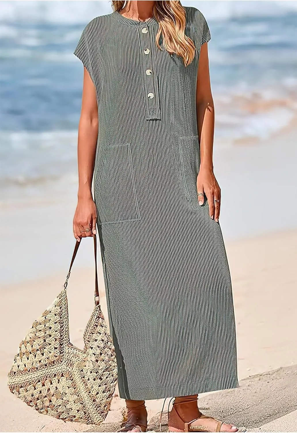 Women's Henry Shirt Dress Button Up Cap Sleeve Baggy Loose Side Slit Ribbed Knit Maxi Long Dress
