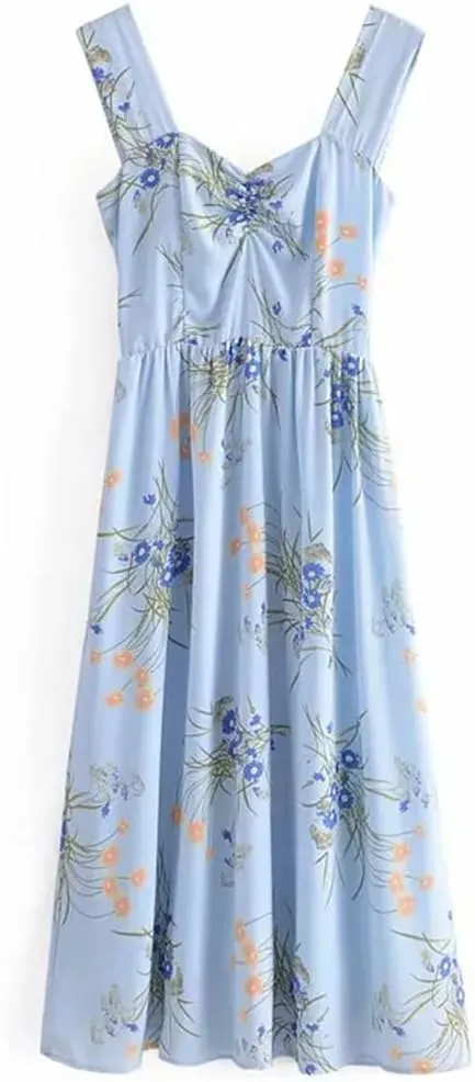 Womens Off Shoulder Blue Print Dress Vintage Sleeveless Slim Fit Party Dresses