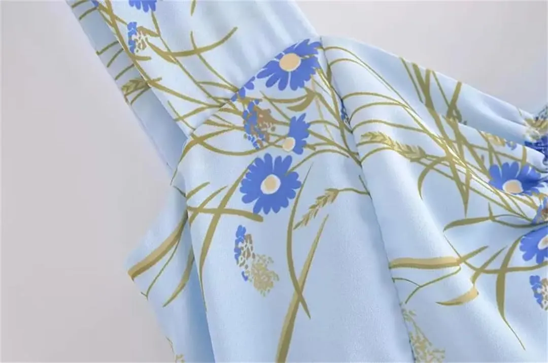 Womens Off Shoulder Blue Print Dress Vintage Sleeveless Slim Fit Party Dresses