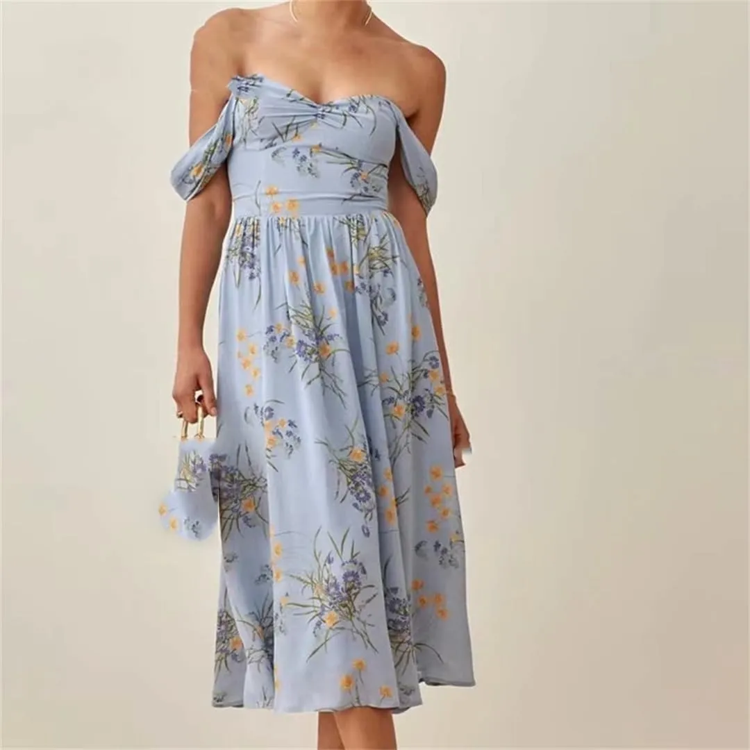 Womens Off Shoulder Blue Print Dress Vintage Sleeveless Slim Fit Party Dresses