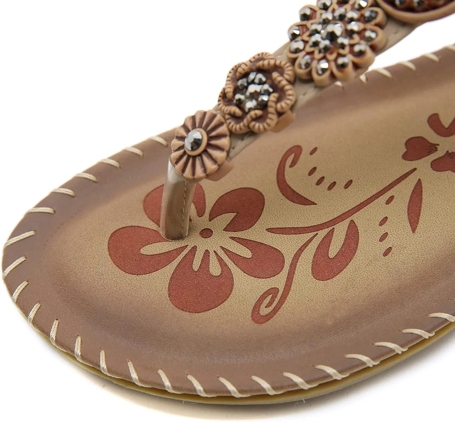 Womens Sandals Bohemia Flowers Sequins Dress Shoes Summer Flat Casual Ankle Strap Elastic Slip on Beach Sandal