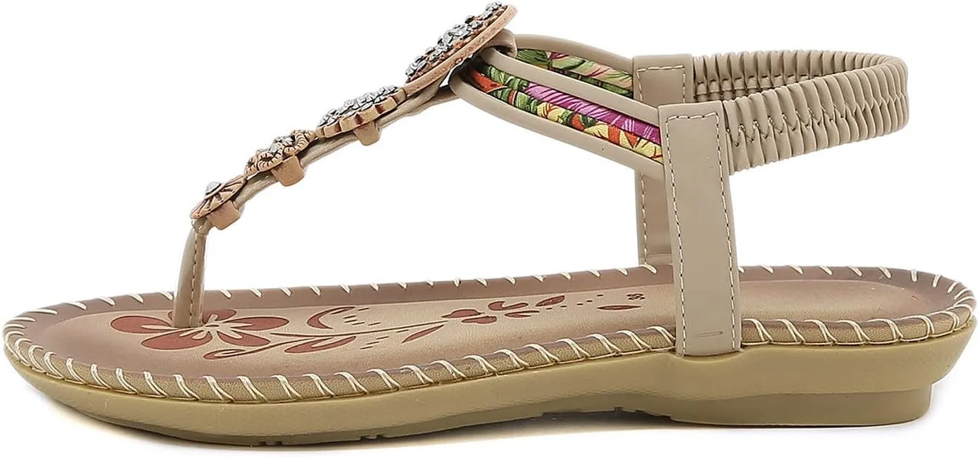 Womens Sandals Bohemia Flowers Sequins Dress Shoes Summer Flat Casual Ankle Strap Elastic Slip on Beach Sandal