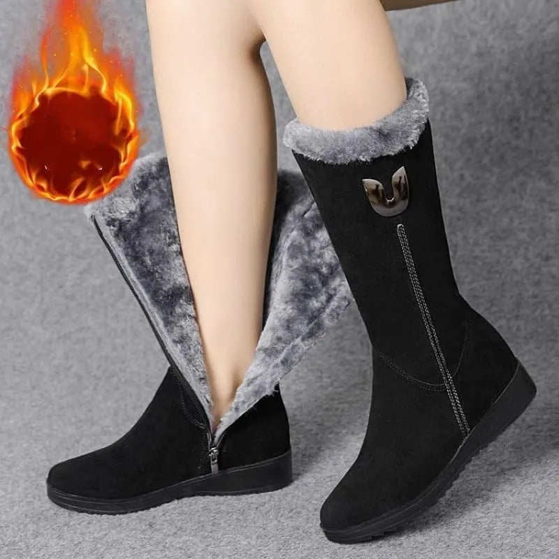 Women's Warm Chelsea Fur Mid-Calf Boots, Black
