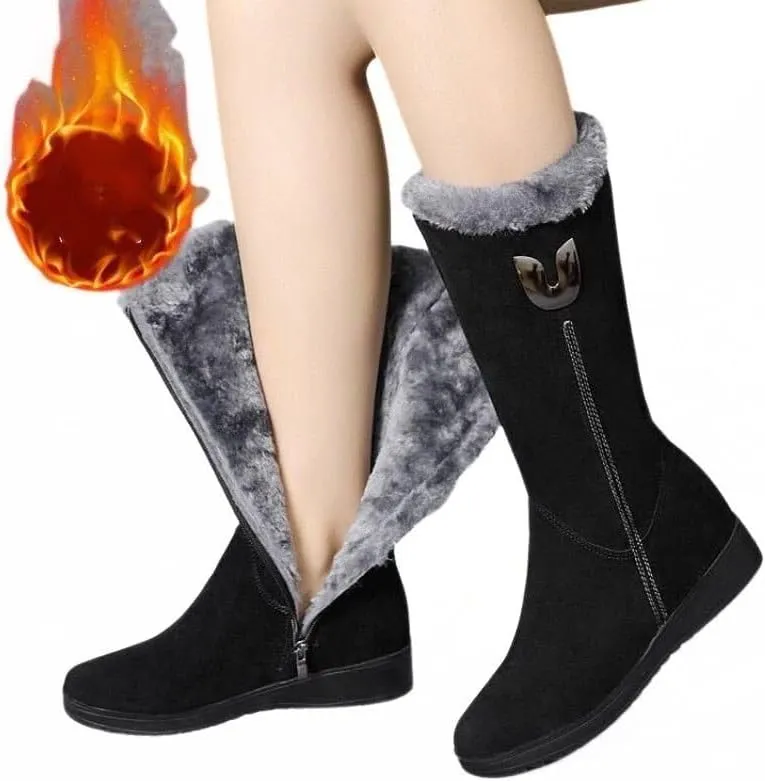 Women's Warm Chelsea Fur Mid-Calf Boots, Black