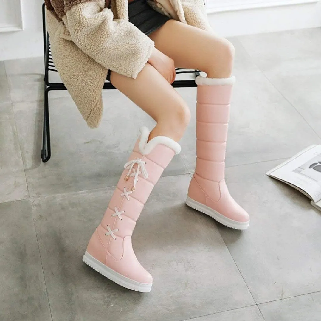 Women's Winter Warm Knee High Down Snow Boots Waterproof Cross-Tied Hidden Wedges Platform Boots