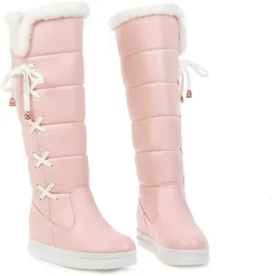 Women's Winter Warm Knee High Down Snow Boots Waterproof Cross-Tied Hidden Wedges Platform Boots