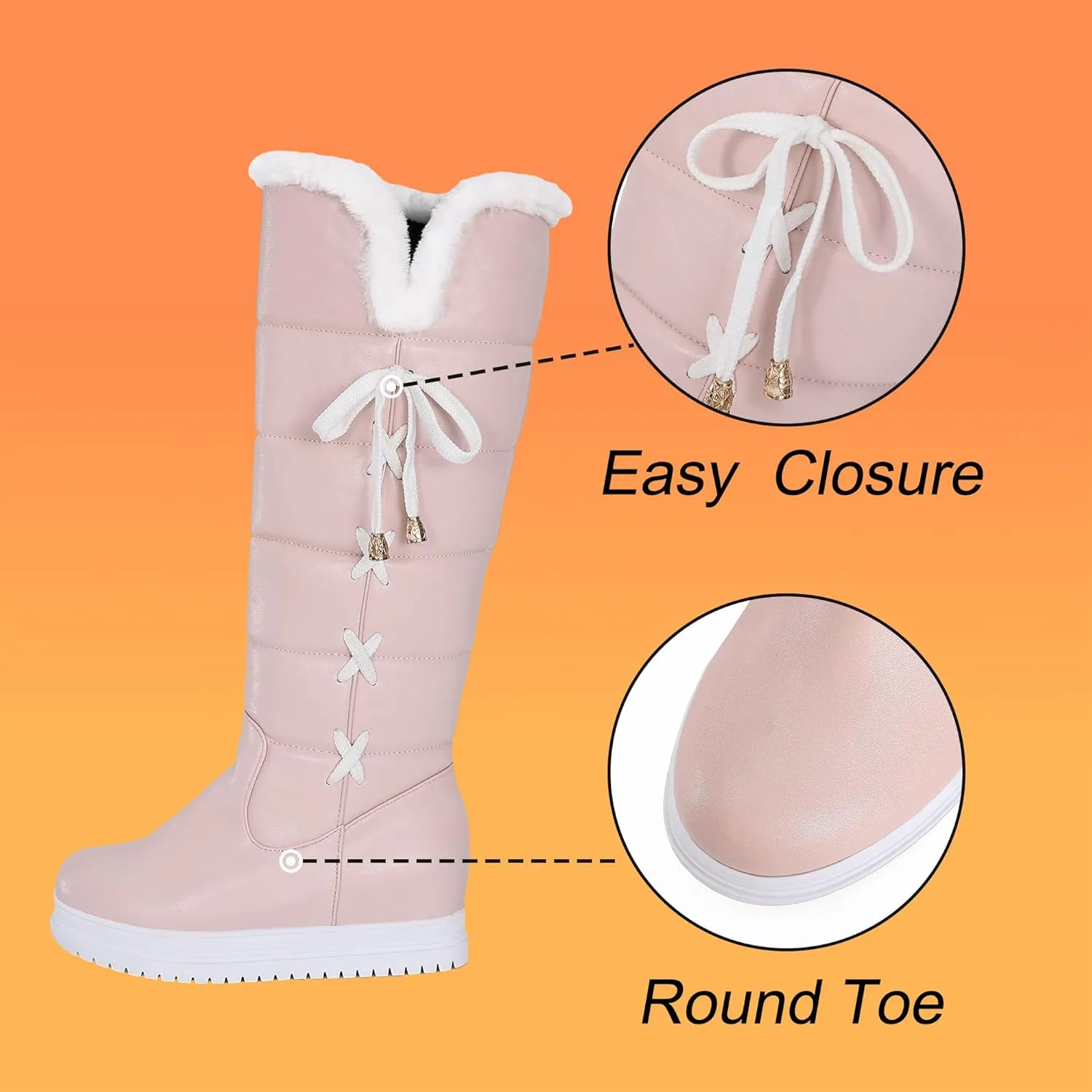 Women's Winter Warm Knee High Down Snow Boots Waterproof Cross-Tied Hidden Wedges Platform Boots