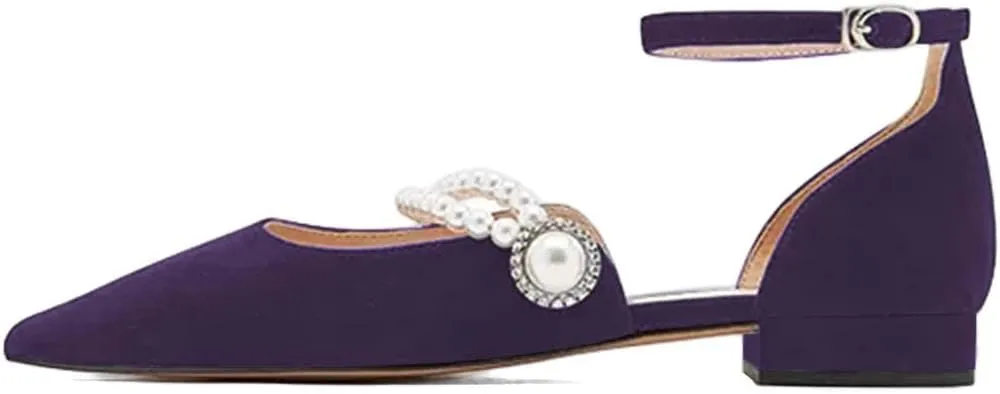 XYD Women Ankle Strappy D'Orsay Beaded Jewelry Flats Sandals Closed Pointed Toe Pearl Strap Wedding Dress Low Heels Shoes