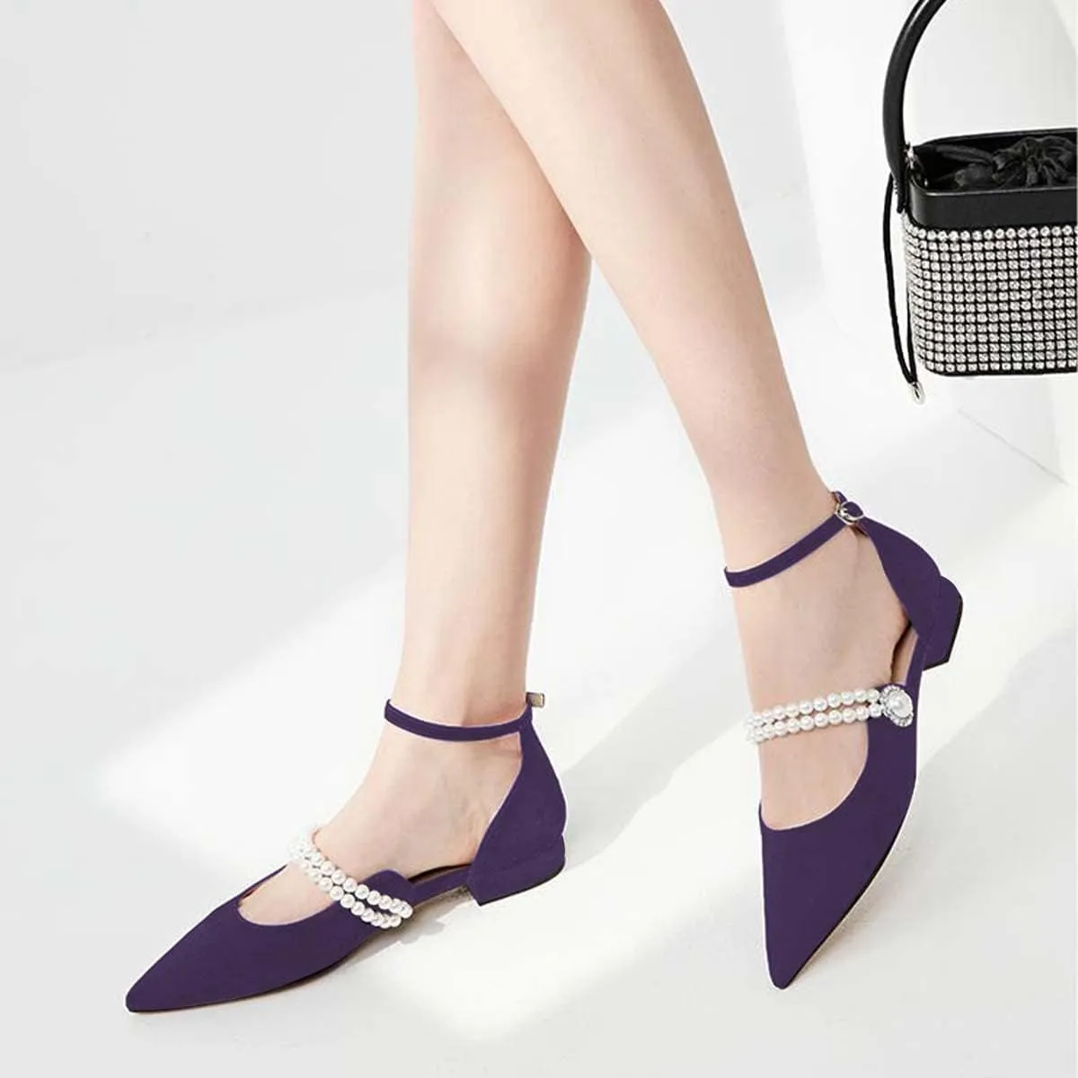 XYD Women Ankle Strappy D'Orsay Beaded Jewelry Flats Sandals Closed Pointed Toe Pearl Strap Wedding Dress Low Heels Shoes