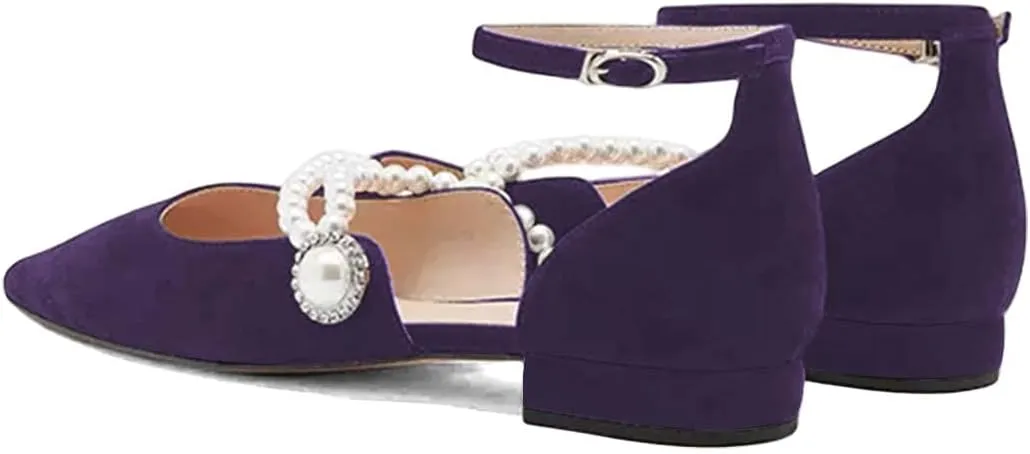 XYD Women Ankle Strappy D'Orsay Beaded Jewelry Flats Sandals Closed Pointed Toe Pearl Strap Wedding Dress Low Heels Shoes