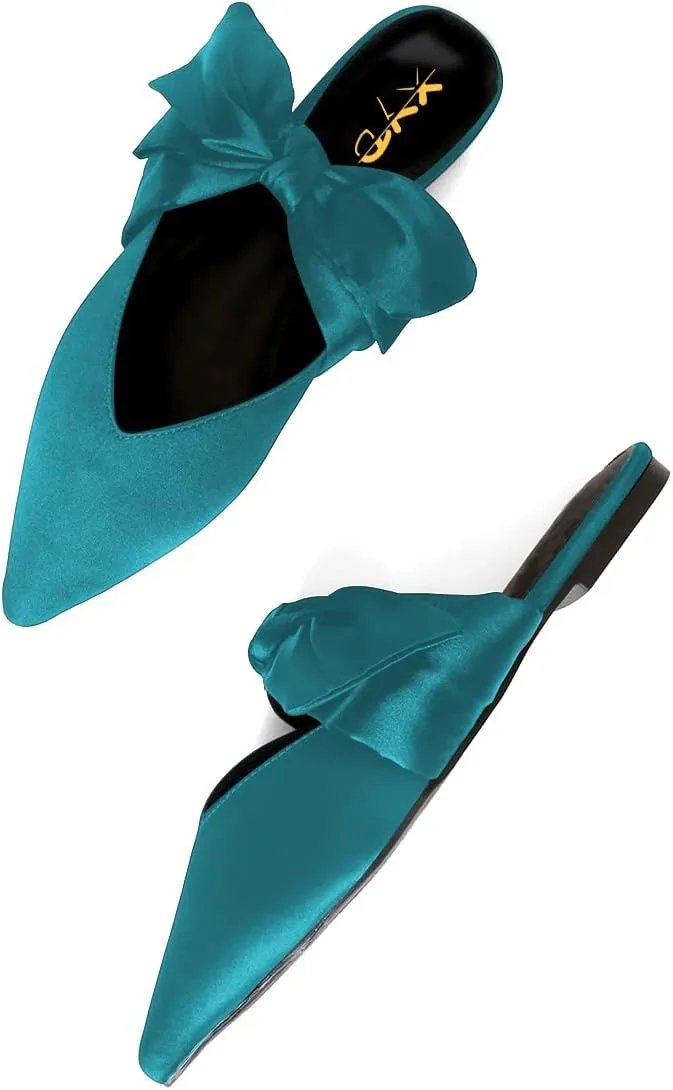 XYD Women's Flats Mules Pointy Toe Dressy Satin Bows Slip On Single Strap Wedding Party Holidays Sandal Shoes