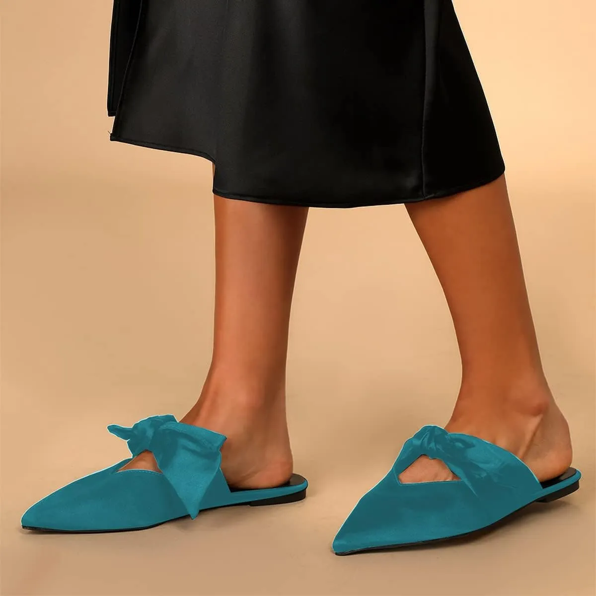 XYD Women's Flats Mules Pointy Toe Dressy Satin Bows Slip On Single Strap Wedding Party Holidays Sandal Shoes